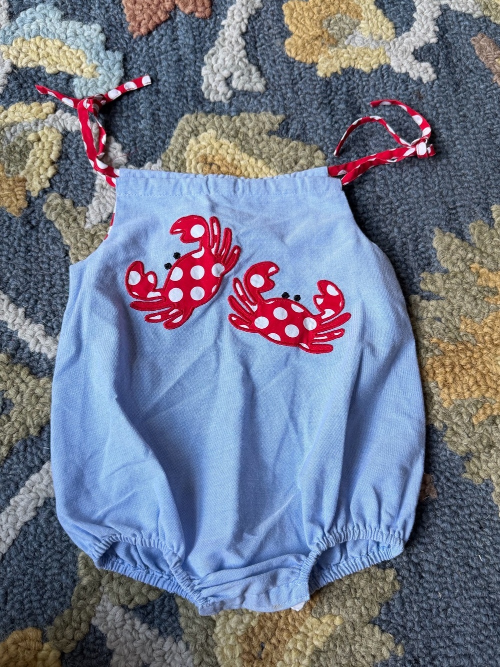 Monday's Child Light Blue Girls Romper Bubble with Red Polka Dot Trim 12Months